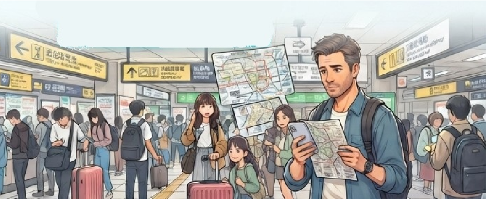 混雑した駅で路線図を見て迷う旅行者